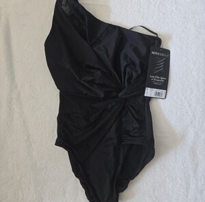 NWT Miraclesuit Black One-Shoulder Twist-Front Swimsuit - SIZE 10 TALL